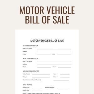 Editable Motor Vehicle Bill of Sale | Instant Download | PDF MS Word Google Docs