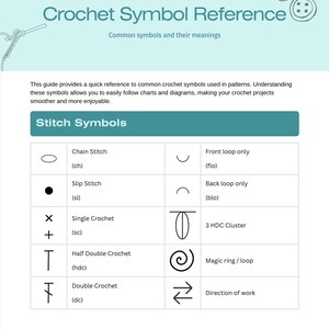 May include: A reference guide titled "Crochet Symbol Reference" with common crochet symbols and their meanings. The guide includes symbols for chain stitch, slip stitch, single crochet, half double crochet, and double crochet.