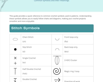 Guía imprimible de símbolos de ganchillo / Tabla de puntos y referencia de grosor de hilo para principiantes / PDF digital