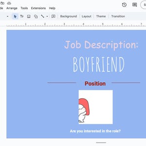 May include: A light blue presentation slide with the text "Job Description: BOYFRIEND" and "Position" in a white box. A cartoon illustration of a red-headed person is in the bottom right corner. The text "Are you interested in the role?" is at the bottom of the slide.