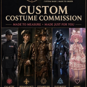 Può includere: Una grafica promozionale per Joy Cosplay Shop con il testo Custom Costume Commission. Mostra cinque esempi di costumi: un'uniforme militare scura, un abito da nobile rinascimentale, un completo steampunk, una tuta futuristica e un vestito anime rosa.