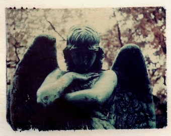 Angel Polaroid transfer, Angel home decor, fine art photography, Angel, polaroid transfers, Graveyard, statue, cemetery, mourning