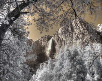 May include: A black and white infrared photograph of a waterfall cascading down a rocky cliff face. The waterfall is surrounded by trees and foliage, creating a serene and natural scene.