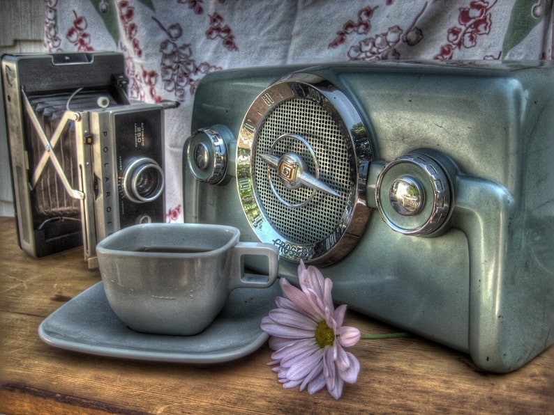 Vintage Radio photo, Coffee Cup photography, antique radio photography, tea cup photography, coffee photography, polaroid camera photography image 1