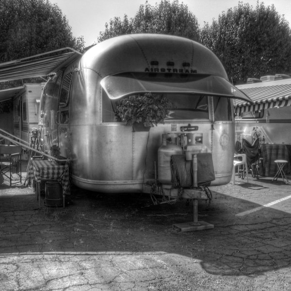 Airstream, Airstream trailer, Airstream black and white, black and white photography, black and white photo, travel photo, RV, camping photo