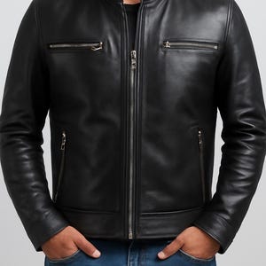 Men&#39;s Cafe Racer Leather Jacket – Lambskin | Handmade in Pakistan | Slim Fit Motorcycle Jacket | Real Leather Gift for Him