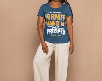 Camiseta inspiradora de fe: "Ninguna arma forjada contra mí prosperará" - Perfecta para regalos, ropa motivacional, eventos de la iglesia,