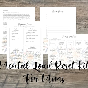 May include: A white paper kit titled "Mental Load Reset Kit For Moms" with floral accents. The kit includes checklists and prompts for self-care, including a "Brain Dump" and "Dopamine Menu" sections. The text is in black.
