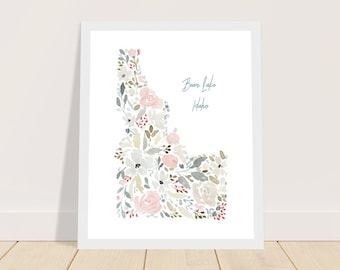 Floral Idaho State Watercolor Print with Wood Frame | Personalized Location Family Art | House Warming Gift