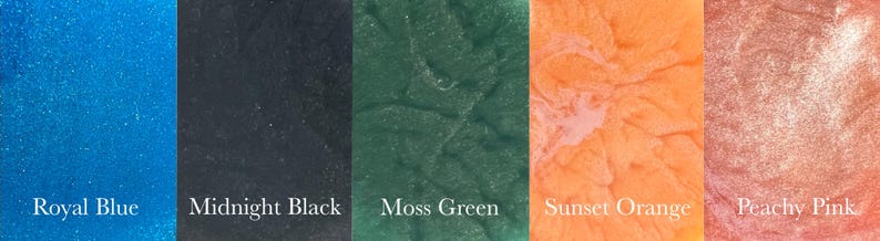 May include: Five paint samples in different colours: royal blue, midnight black, moss green, sunset orange, and peachy pink.