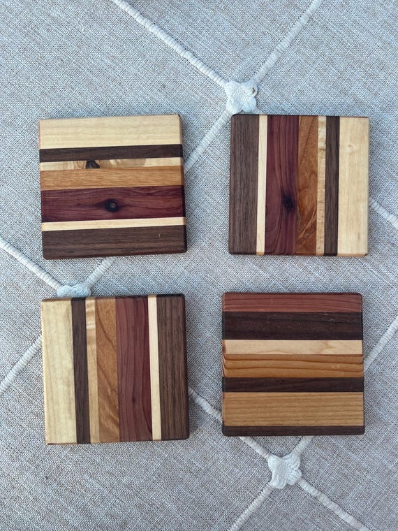 Rustic Wood Coasters | Striped Wooden Coaster Set | Exotic Hardwood Coasters