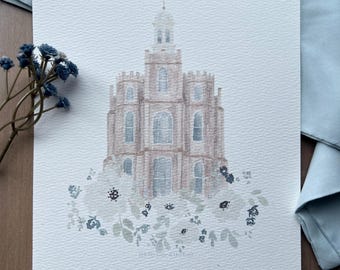 Logan Utah Temple Watercolor Print | Floral LDS Temple Art (Digital Download)