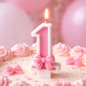 Könnte beinhalten: Eine Geburtstagskerze in Form der Zahl Eins mit weißem Rand und rosa Mitte, die an der Basis mit einer kleinen rosa Schleife verziert ist. Die Kerze brennt und steht auf einem Kuchen mit rosa Frosting-Wirbeln, kleinen Schleifen und Herzen.