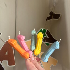 May include: A set of five small, phallic-shaped wax candles in orange, pink, sage green, yellow, and light blue. Each candle features a single white wick at the top and is mounted on a thin wooden stick, designed for placement in a cake or dessert.