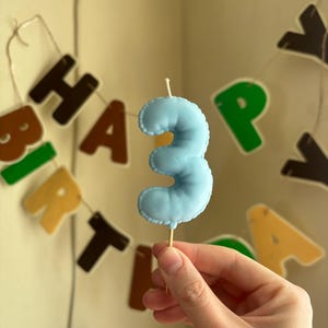 May include: A light blue number three birthday candle with a smooth, rounded surface and a stitched-look border. The candle is mounted on a thin wooden pick, featuring a small white wick at the top, centered against a blurred birthday banner.