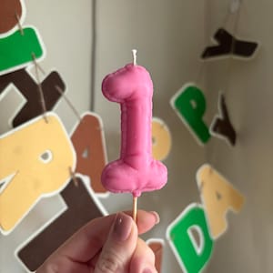 May include: A pink wax candle shaped like the number one, featuring a smooth, rounded surface and a single white wick at the top. The candle is attached to a thin, light-colored wooden stick at the base, designed for insertion into a cake or dessert.