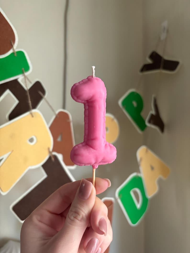 May include: A pink wax candle shaped like the number one, featuring a smooth, rounded surface and a single white wick at the top. The candle is attached to a thin, light-colored wooden stick at the base, designed for insertion into a cake or dessert.