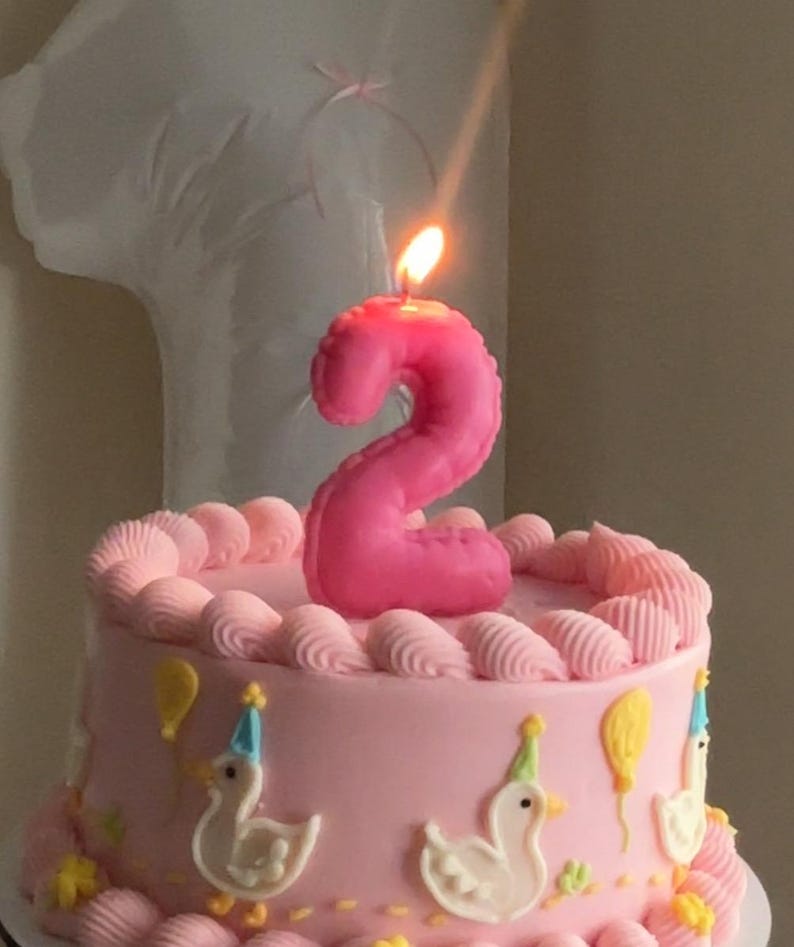 May include: A round pink cake decorated with white piped frosting borders and white duck figures wearing colorful party hats. Yellow balloons are piped onto the sides. A bright pink number two candle is lit and placed on top of the cake.