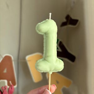May include: A pale green candle shaped like the number one, featuring a smooth, rounded surface texture that mimics the appearance of a balloon. The candle is mounted on a thin, light-colored wooden stick, with a small white wick at the top.