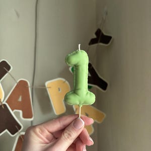May include: A light green number one shaped candle with a smooth, rounded texture and a visible wick at the top. The candle is attached to a thin, light-colored wooden pick at the base, designed for insertion into a cake or other food item.