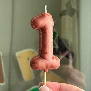 May include: A brown, number one shaped candle with a smooth, matte finish and stitched-like detailing along the edges. The candle is mounted on a thin, light-colored wooden stick and features a single white wick protruding from the top center.