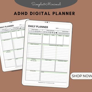 Może przedstawiać: Cyfrowy planer dla osób z ADHD. Planer zawiera sekcje na codzienne zadania, cele, śledzenie nastroju i wiele więcej. Planer został zaprojektowany w prosty i minimalistyczny sposób.