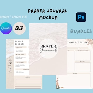Könnte beinhalten: Ein Mockup eines Gebetsjournals mit einem Strandhintergrund. Das Journal hat Abschnitte für Gebete, Reflexionen, Dankbarkeit und täglichen Glauben. Der Text "Trust & Believe" steht an der Seite des Journals.