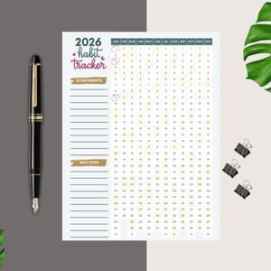 Könnte beinhalten: Ein druckbarer Habit-Tracker für 2026 mit einem Kalenderrraster und Platz zum Aufschreiben von Errungenschaften und nächsten Schritten. Der Kalenderrraster ist in Monate und Tage unterteilt, wobei jeder Tag durch ein kleines Quadrat dargestellt wird. Die Quadrate sind in einem hellen Gelbton gefärbt.