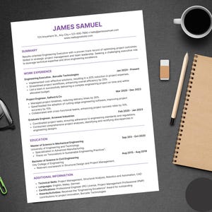 May include: A resume for James Samuel, an Engineering Executive with experience in project management, structural analysis, robotics and automation. The resume lists his work experience, education, and additional information, including technical skills, languages, certifications, and awards.