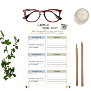 Może przedstawiać: Drukowany planer ustalania celów przeznaczony dla osób z ADHD. Planer zawiera trzy sekcje na cele, z miejscem na zapisanie celu, jego celu i kroków działania. Planer ma pomóc ludziom w rozbiciu celów na łatwe do zarządzania kroki.