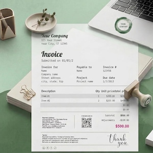 May include: An invoice with the text "Your Company" and "Invoice" is displayed on a light green surface. A wooden stamp, pen, and laptop are also present. The invoice includes item descriptions and a total.