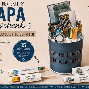 May include: A dark blue cylindrical container labeled "DAD: THE ORIGINAL PROBLEM SOLVER" filled with miniature office items, including a computer, keyboard, and books. Four paper strips with printed messages and icons are displayed in front.