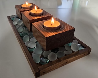 Handmade Rustic Wood Candle Holder Centerpiece, Modern Farmhouse Decor