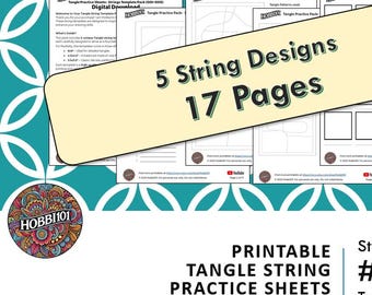 May include: Printable tangle string practice sheets template pack with 5 string designs and 17 pages. The pack includes a title page, instructions, and 5 different string designs.