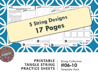 May include: Printable tangle string practice sheets template pack #06-10.  This pack includes 5 string designs and 17 pages of printable practice sheets.