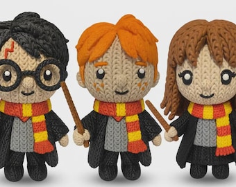 Conjunto de figuras de crochê do trio de Harry Potter – Escolha Harry, Ron ou Hermione | Expositor colecionável da Grifinória