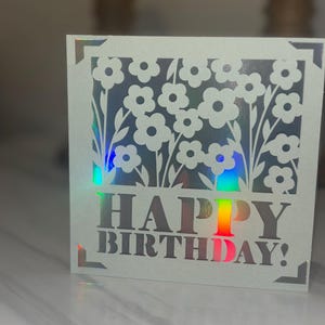 Lindo cartão de aniversário feito à mão de alta qualidade - Flores Holográficas