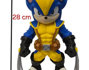 Estátua impressa em 3D do Sonic x Wolverine (Soniverine) com 29 cm de altura e garras.