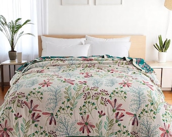Reversible Floral Muslin Cotton Blanket: Lightweight Botanical Bedspread