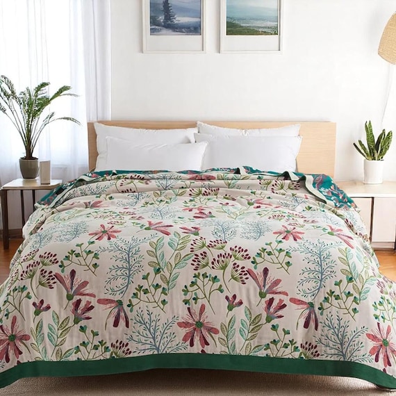 Reversible Floral Muslin Cotton Blanket: Lightweight Botanical Bedspread