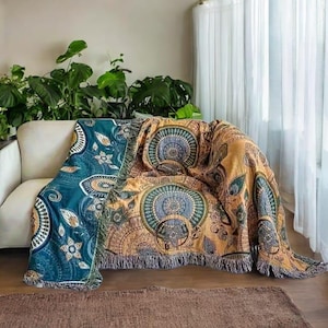 Cotton Mandala Throw Blanket: Reversible Boho Sofa Cover