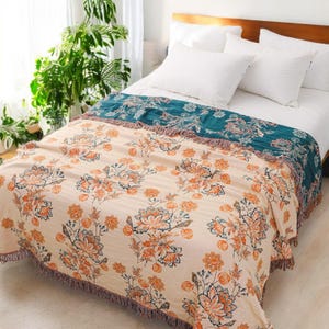 Floral Cotton Throw Blanket: Reversible Teal Boho Fringe