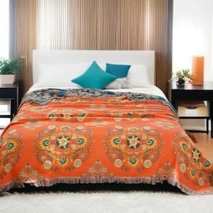 Bohemian Floral Throw Blanket: Reversible Cotton Fringed Plaid