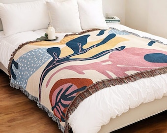 Woven Throw Blanket: Matisse Style Leaf Design, Modern Art Blanket