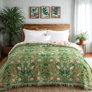 Green Boho Floral Blanket: Reversible 100% Cotton Fringed Throw