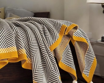 Herringbone Knit Throw: Black, White & Mustard Tassel Blanket