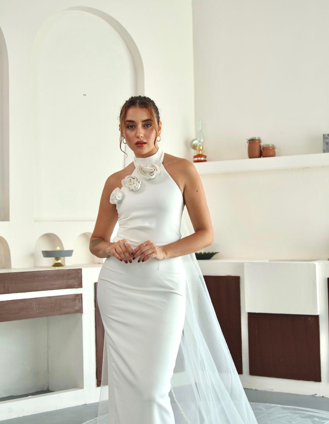 slim fit dress slacks White Satin Halter Slit Gown by Ladivine CD796W