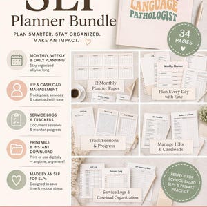 May include: The Ultimate SLP Planner Bundle, a printable and instant download, designed to help speech-language pathologists stay organized. Features monthly, weekly, and daily planning pages, service logs, and IEP management. Includes 34 pages.