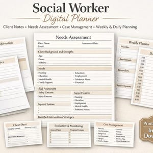 May include: A digital planner for social workers, featuring forms for client notes, needs assessment, case management, and daily planning. Includes personal information, session notes, and a cheat sheet. The planner is available as a printable PDF with instant download.