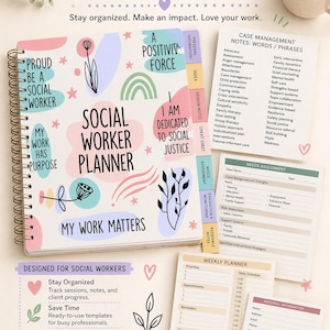 Puede incluir: Un planificador de trabajador social con espiral y diseño pastel. El planificador incluye secciones para notas, evaluaciones y planificación semanal. El texto incluye "My Work Matters" y "Designed for Social Workers."